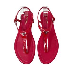 Prada Red Patent Leather T-Strap Logo Sandals Size 39.5 Flats